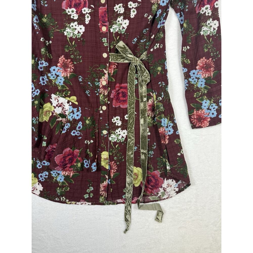 Ivy Jane Women’s Tunic Shirt Dress Sz S Burgundy Floral Ruffled Velvet Tie - Picture 5 of 12